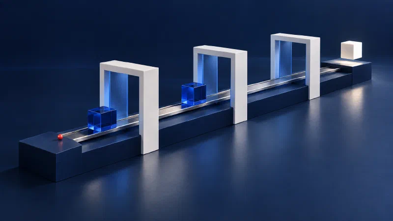 Blue artifact cubes pass through white portals along a delivery pipeline.