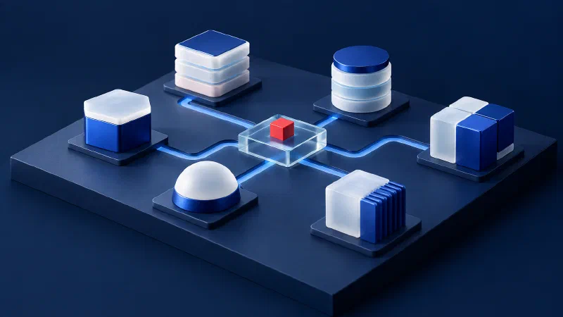White and blue modular service blocks connected by azure channels.