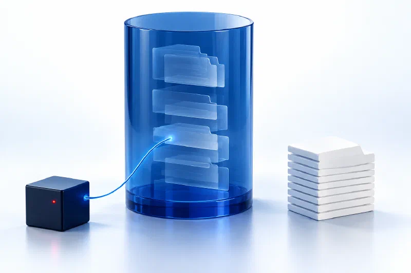 A blue storage cylinder holds translucent files connected to a process, beside a smaller stack of visible files.