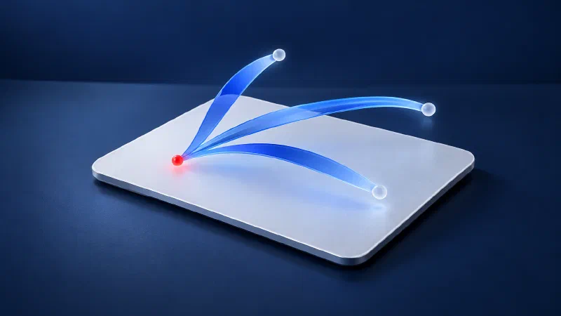 Blue gesture trails arc above a white touch surface with a small red origin.
