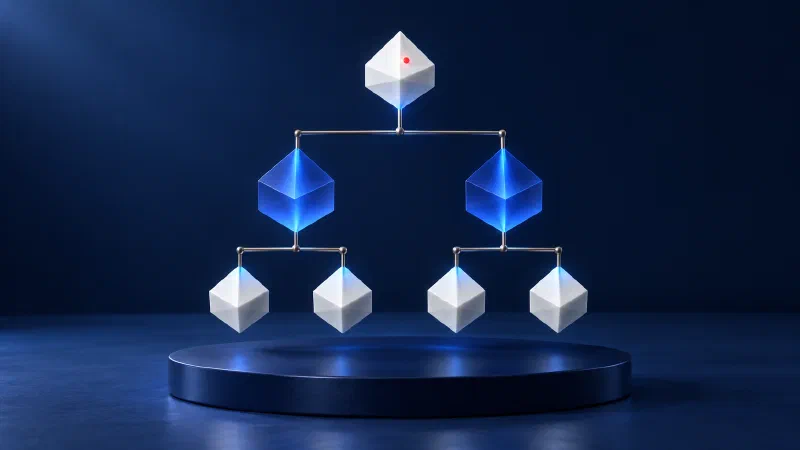 A branching hierarchy of white and blue prisms representing digital trust.