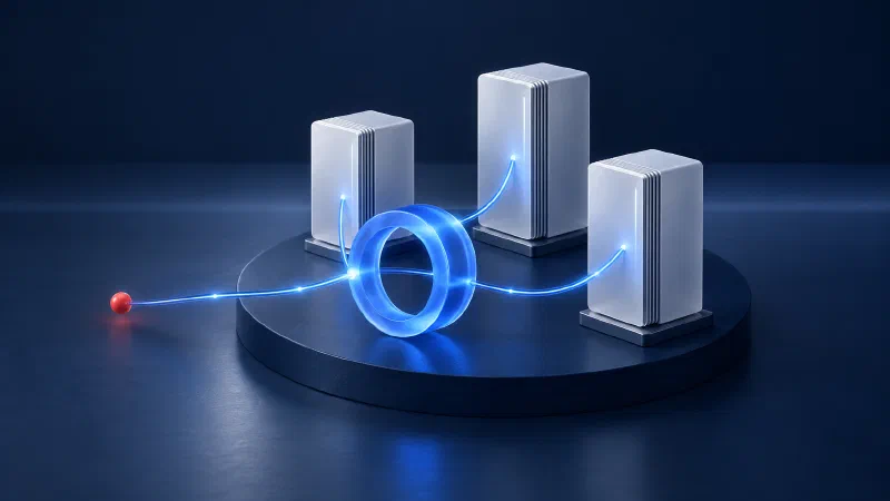 White server towers connected through a cobalt-blue routing ring.