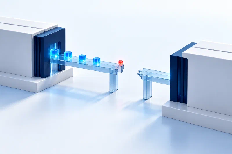 Blue response packets stop at a missing section of a transparent bridge between two gateway blocks.