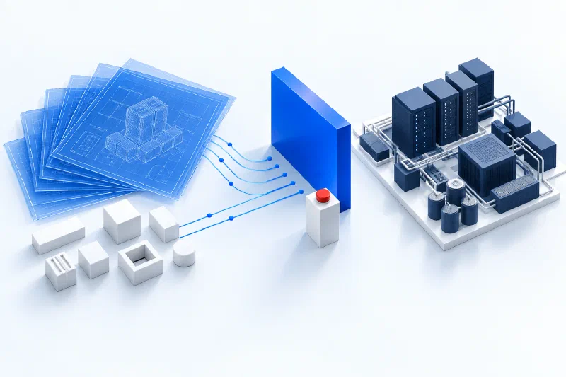 Blueprints and proposed changes stop at a blue approval gate before reaching an infrastructure model.